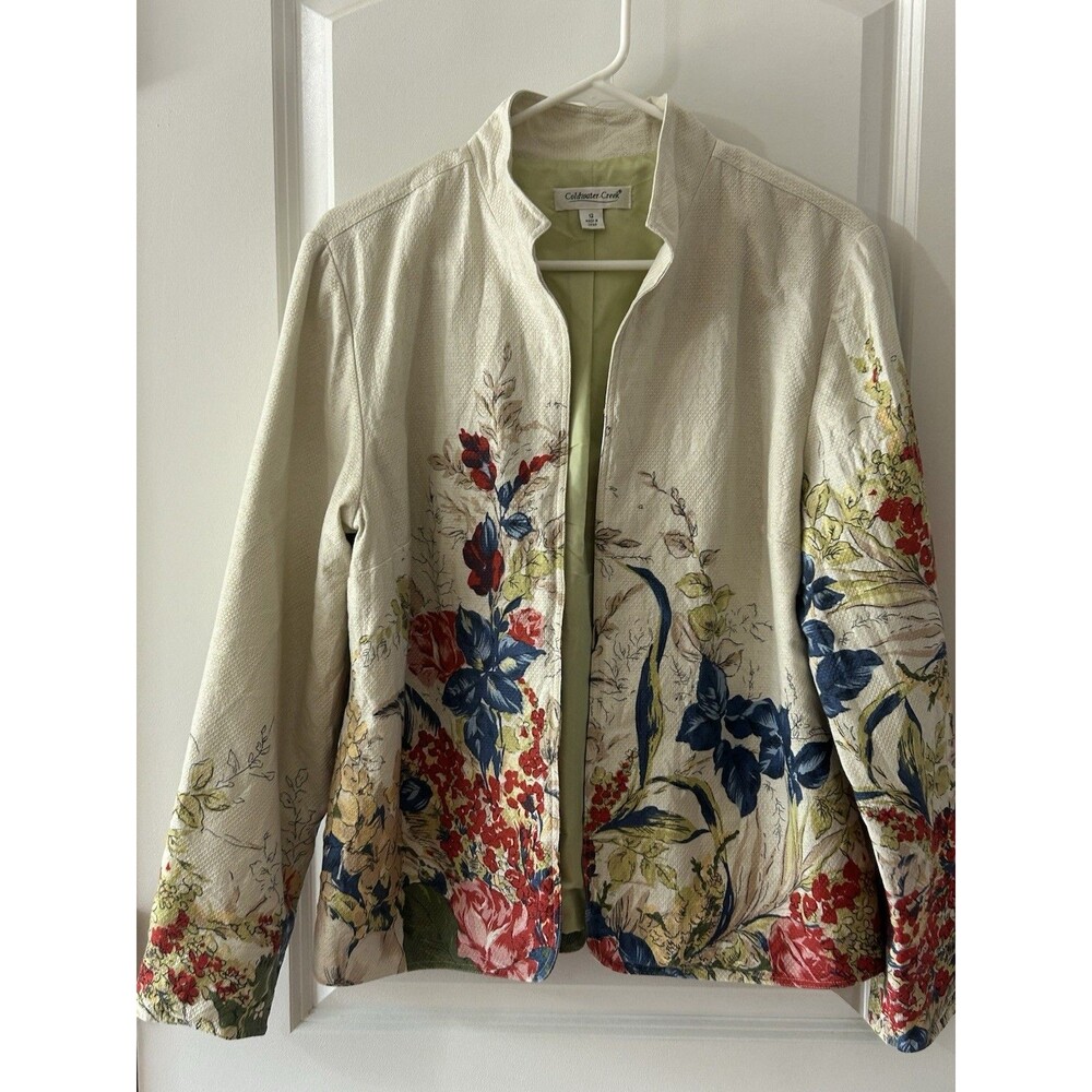 COLDWATER CREEK Women’s Size 12 Floral Open Blazer Lined  Cotton Art To Wear